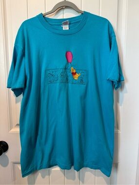 Vintage Winnie the Pooh Teal Embroidered Graphic Tee with Pink Balloon